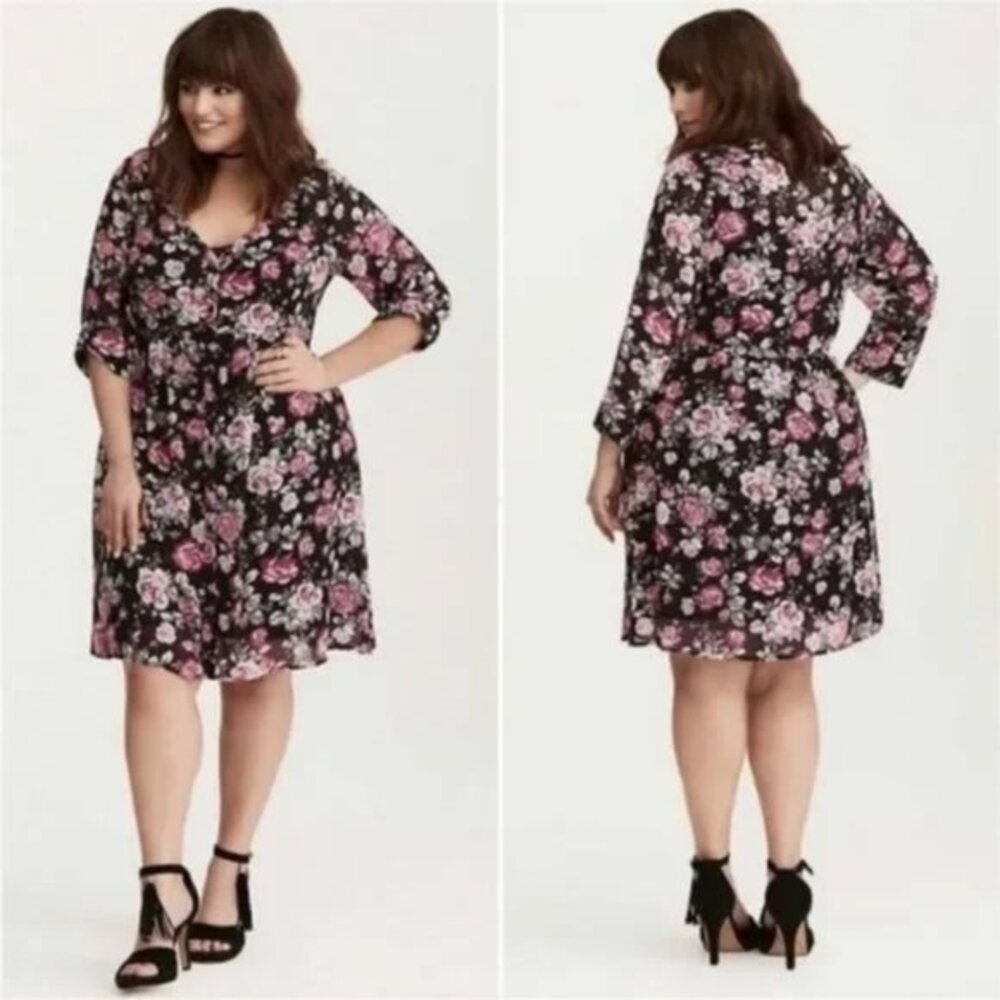 Torrid Chiffon Pink Black Floral Button Front Sheer Shirt Dress Plus 2x